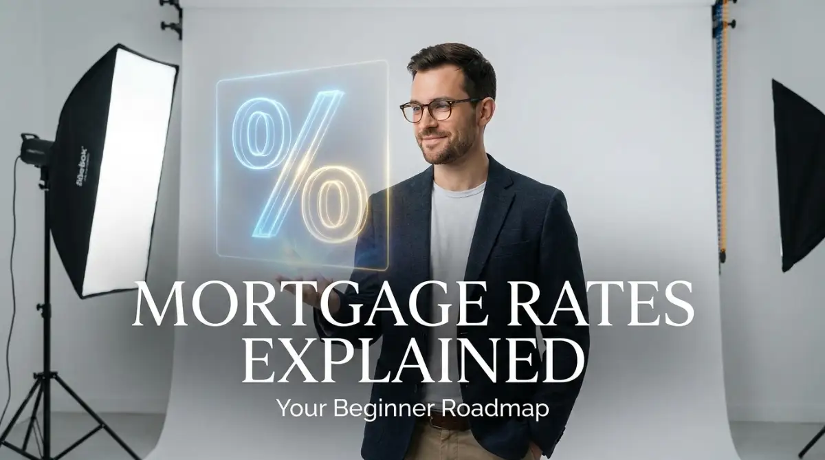 A smart young man looking thoughtfully at a glowing percentage sign, representing a beginner learning about mortgage interest rates and home loans.