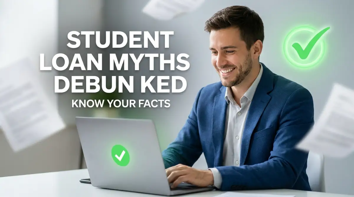 A young professional learning the truth by debunking student loan forgiveness myths on his laptop.