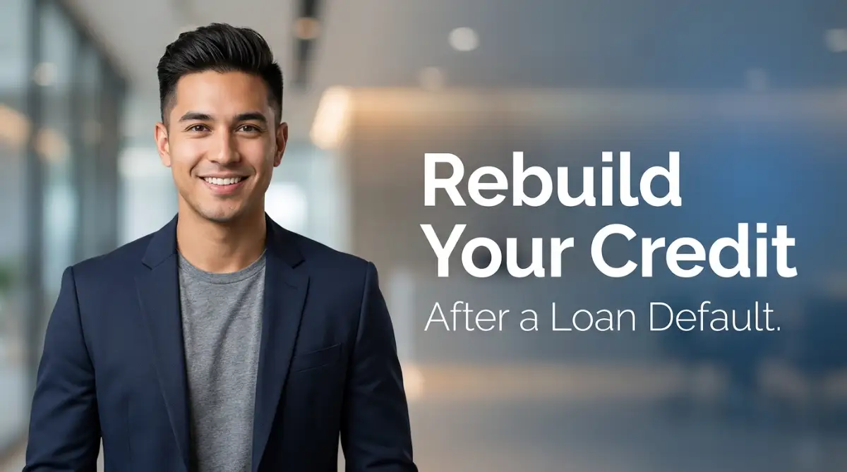A smart young man smiling confidently next to text about rebuilding your credit score after a loan default, representing a positive financial recovery journey.