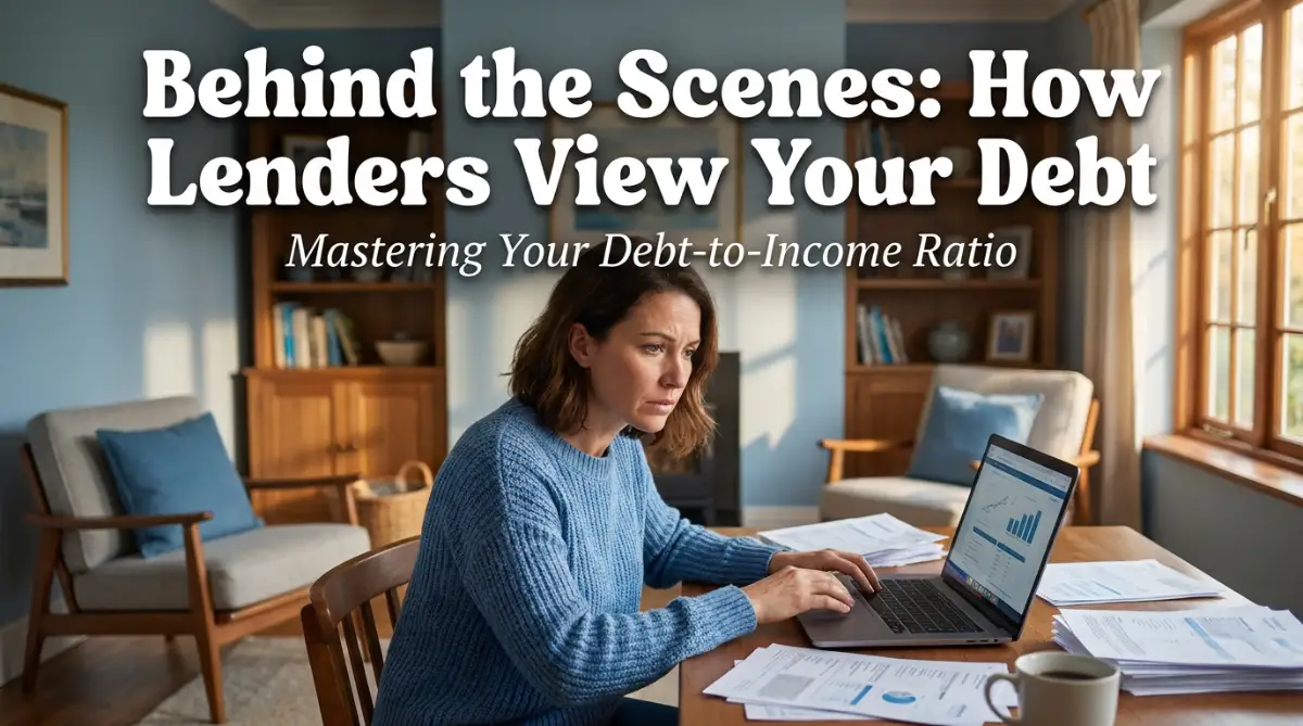 A realistic view of a person reviewing financial documents on a laptop, showing exactly how lenders evaluate your debt-to-income ratio before approving a loan.