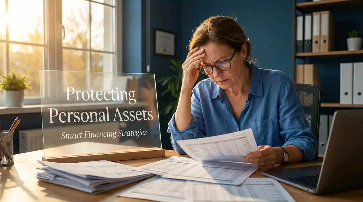 A small business owner sitting at a wooden desk reviewing a business loan agreement to understand how protecting personal assets works.