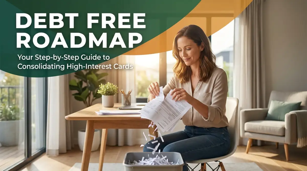 A relieved person sitting at a desk organizing their finances, showing how consolidating high-interest credit card debt can bring peace of mind and save money