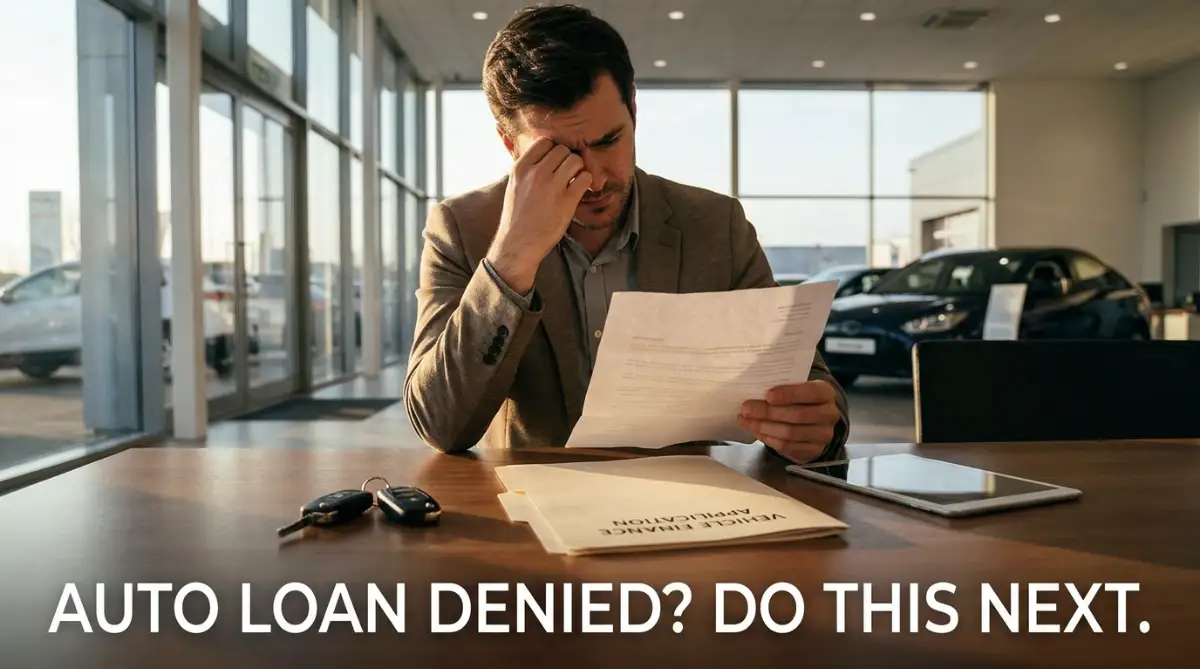 A frustrated car buyer sitting at a dealership desk holding a rejection letter after their auto loan application was denied