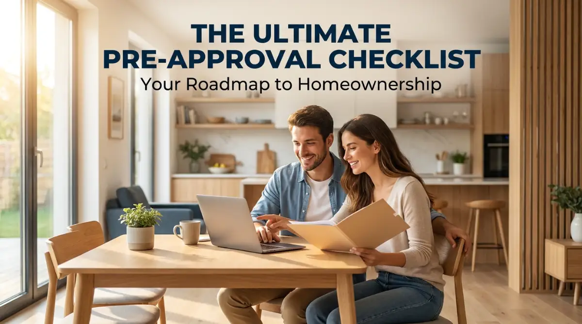 A happy young couple reviewing their ultimate pre-approval checklist for a mortgage on a laptop at their dining table.