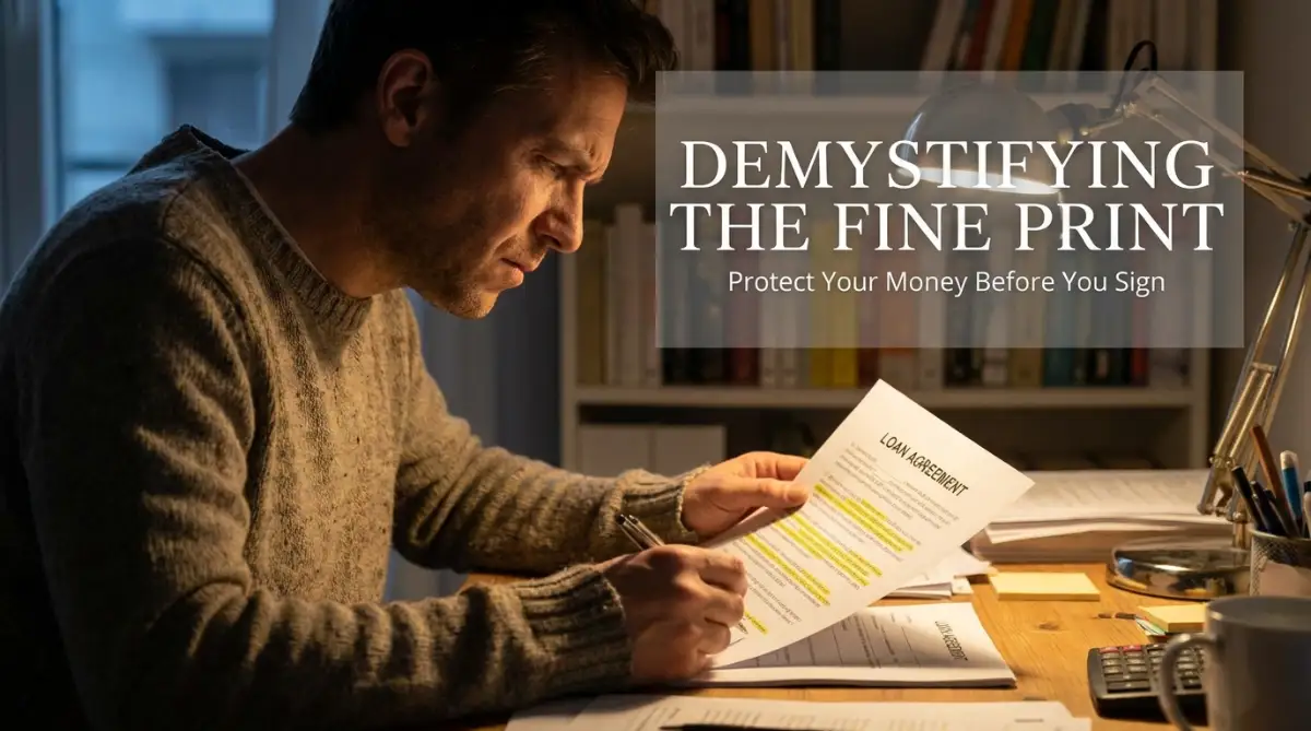 A person carefully reviewing the fine print of a borrowing agreement to avoid hidden loan fees.