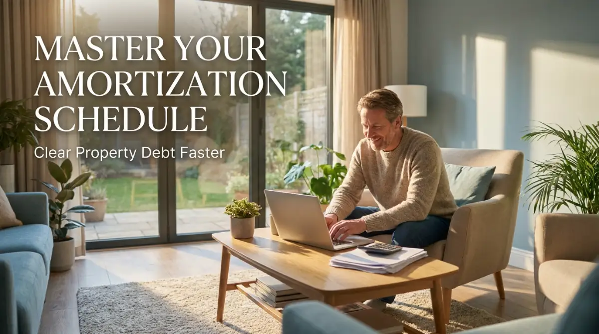 A relieved homeowner sitting in a bright living room looking at financial documents, learning about the amortization schedule to clear property debt faster.