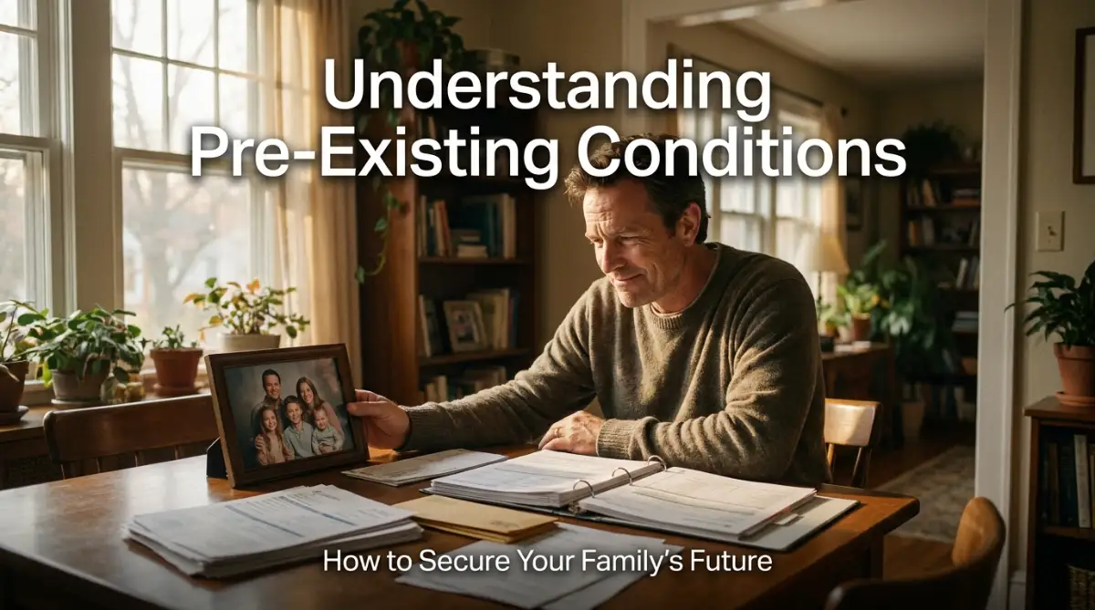 A worried but hopeful father sitting at a dining table organizing his medical records to understand how pre-existing conditions impact life coverage approval rates.