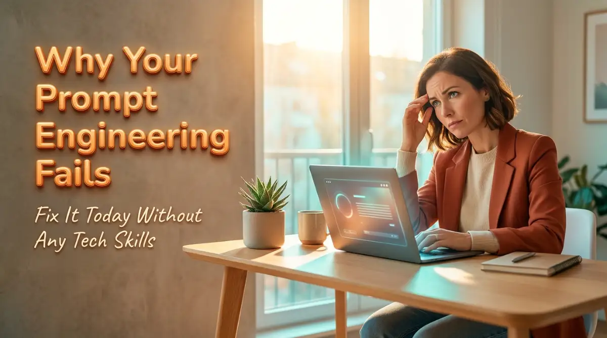 A realistic image showing a person working at a laptop, learning why prompt engineering fails and how to fix it without technical skills, featuring bold text on the wall