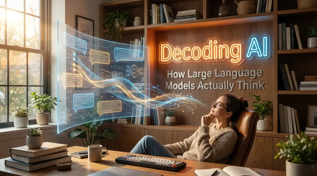 A person working on a glowing laptop with digital connections, representing a beginner's guide to decoding large language models.