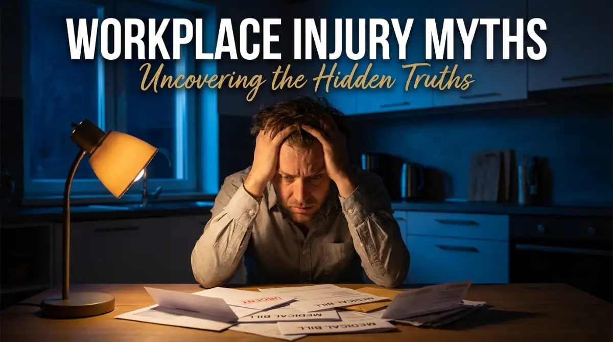 A stressed office worker reviewing medical bills at a table, highlighting the common misconceptions about workplace injury compensation and legal rights