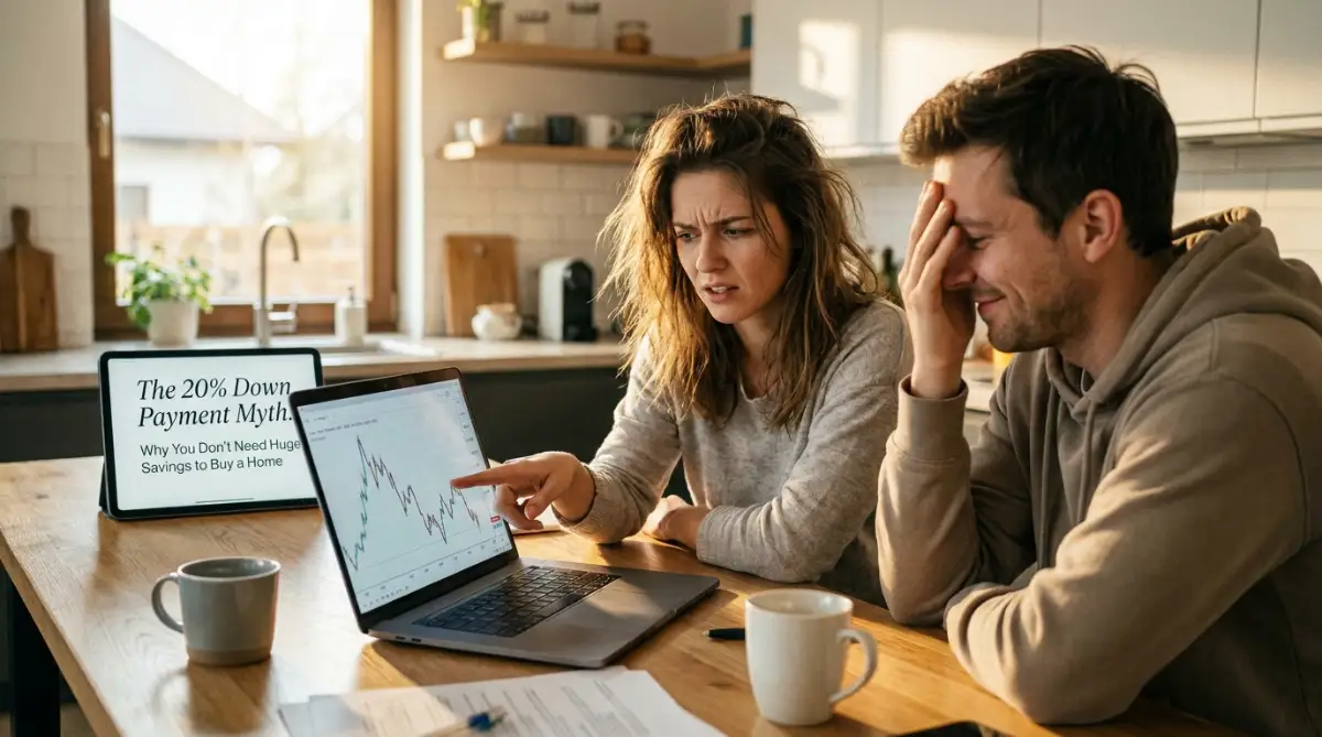 A realistic shot of a young couple looking stressed at their laptop while researching the 20 percent down payment myth for buying a new home