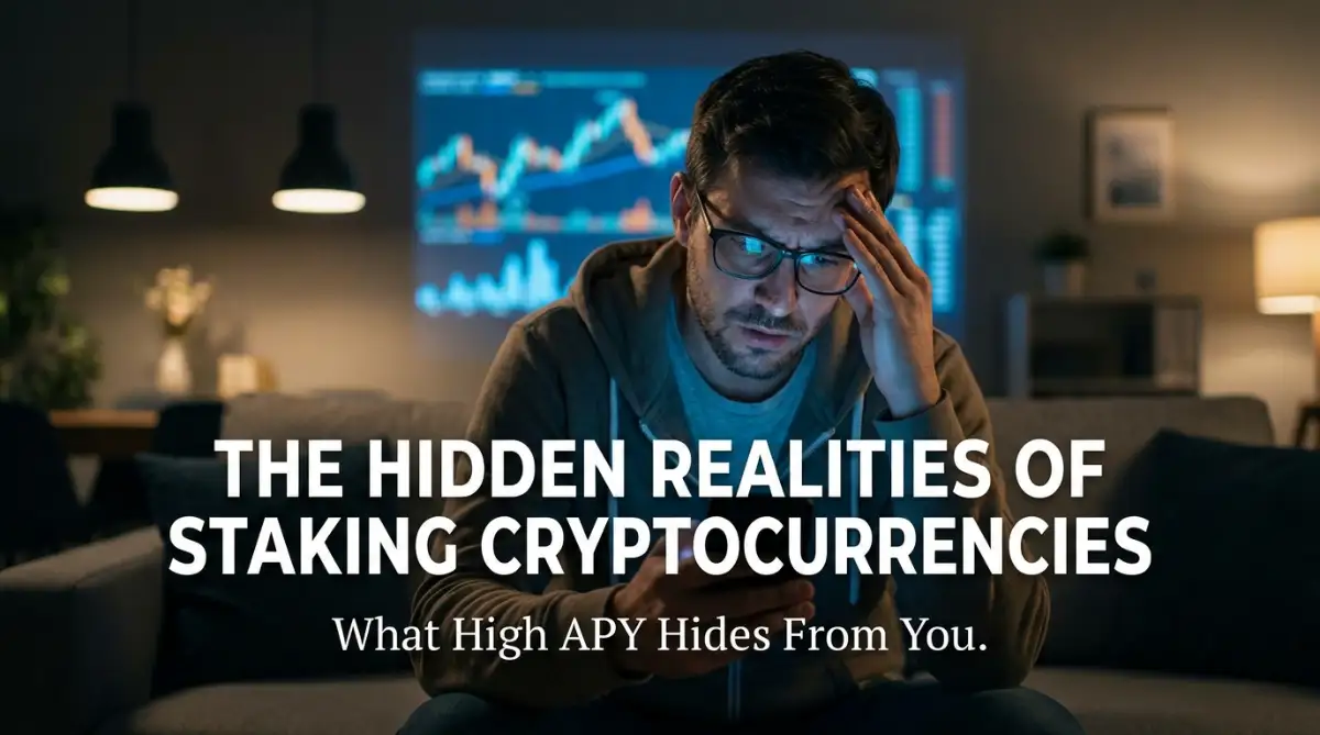 A realistic view showing the hidden realities of staking cryptocurrencies, where a stressed investor realizes the actual risks behind earning passive income through digital assets.